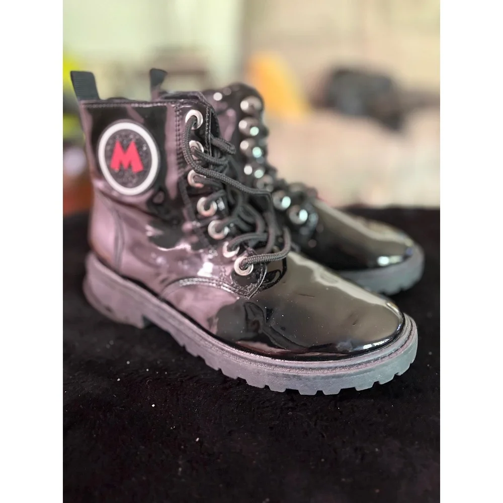 Zara Kids Disney Mickey Mouse Black Patent Combat Boots Side Zip EU 36